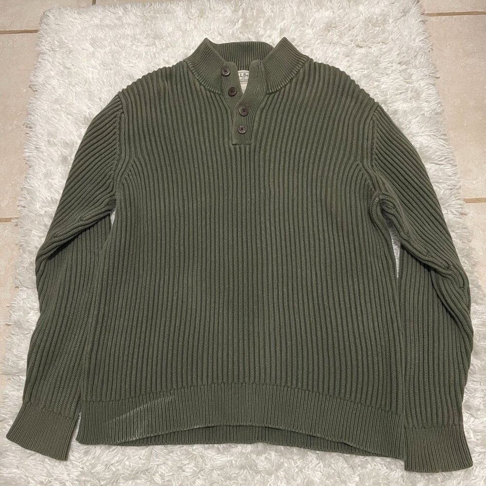L.L. BEAN Mens XLarge Army Green Knitted Vintage Quarter Button Sweater